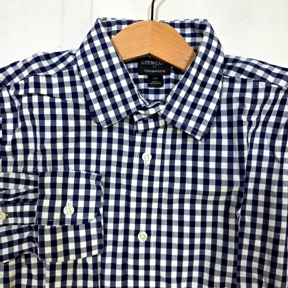 Crewcuts Thompson Shirt Boys 10 Navy Blue Gingham Button Down Long Sleeve 8981